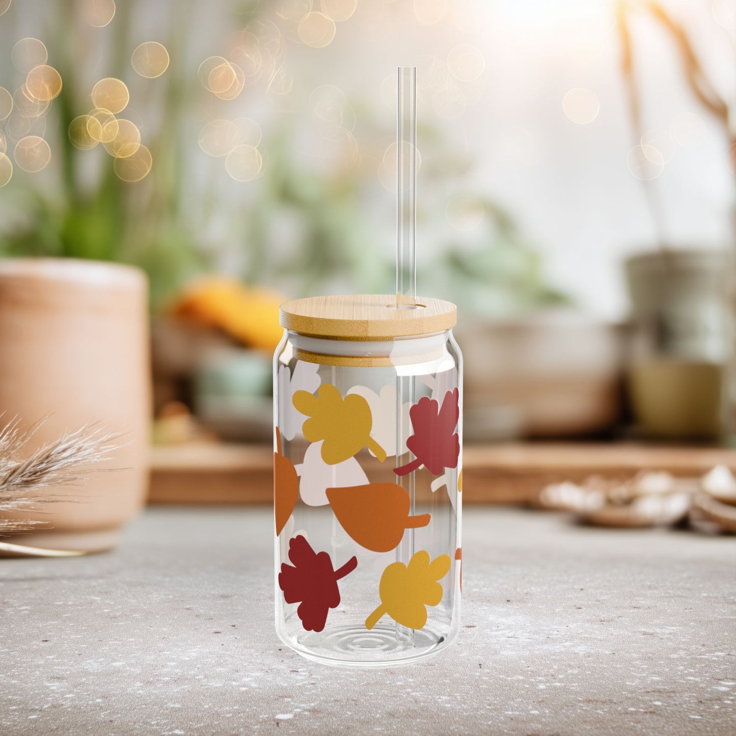 Warm Tone Autumn Leaves 16oz Glass Sipper