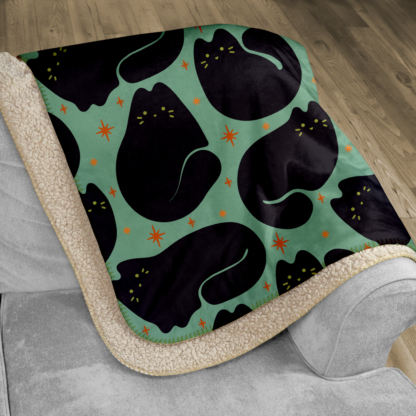 Aqua Retro Black Cat Sherpa Blanket