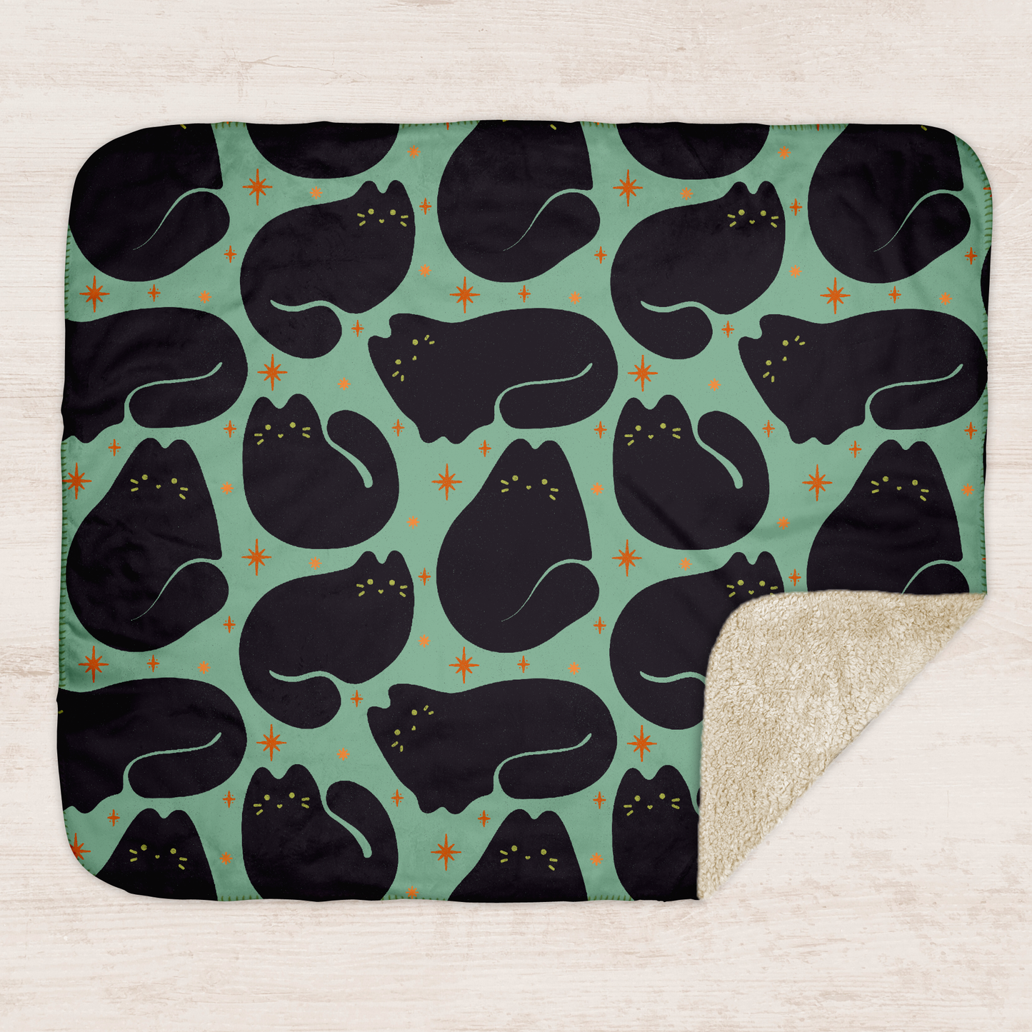 Aqua Retro Black Cat Sherpa Blanket
