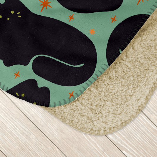 Aqua Retro Black Cat Sherpa Blanket