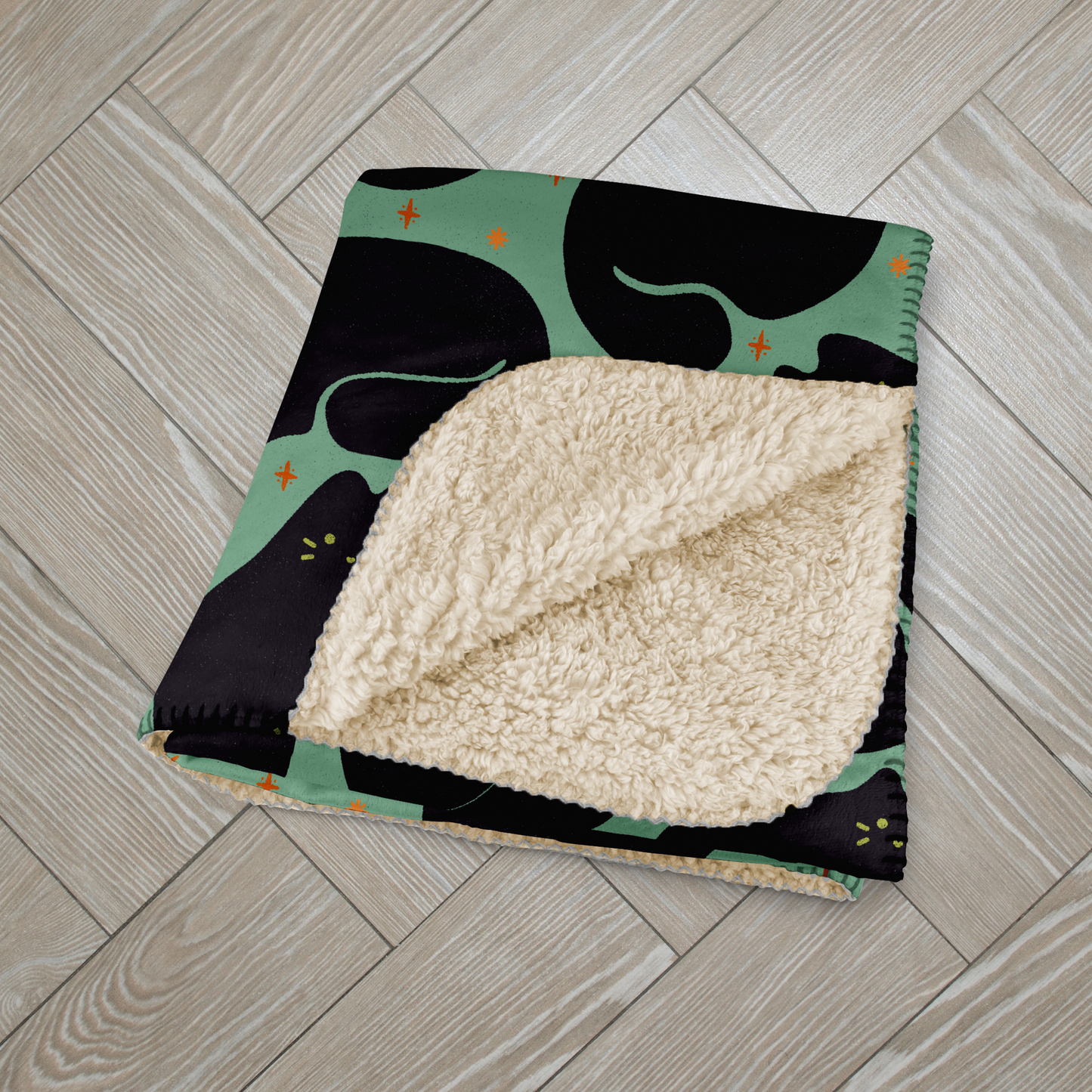 Aqua Retro Black Cat Sherpa Blanket