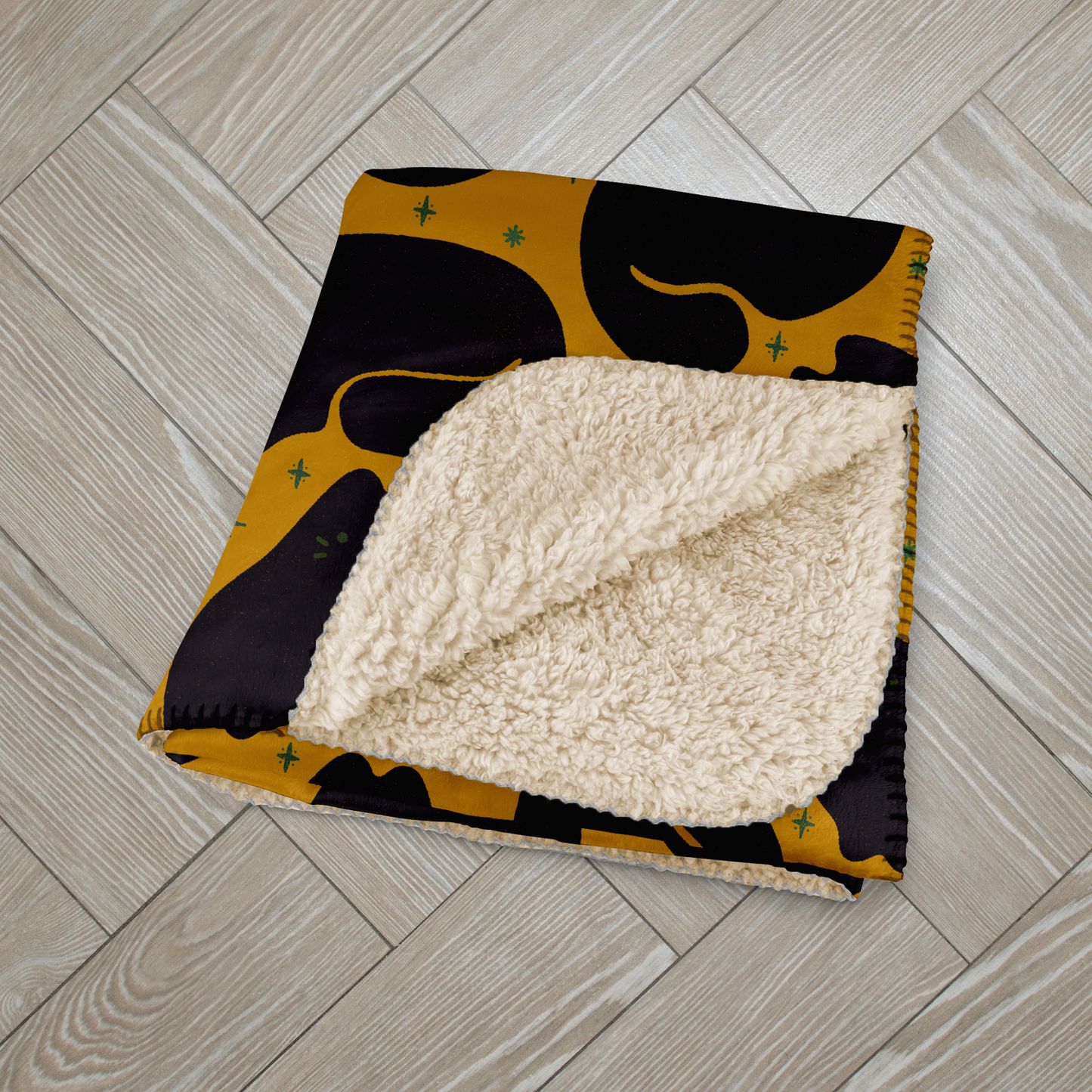 Mustard Retro Black Cat Sherpa Blanket