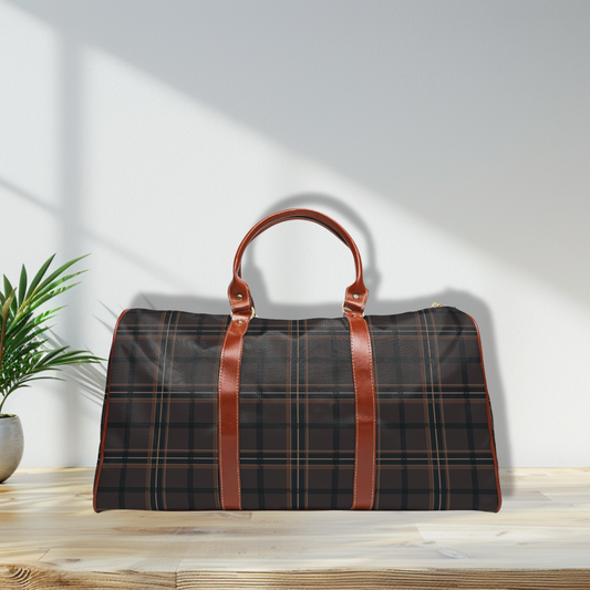 Brown Tartan Plaid Waterproof Travel Bag