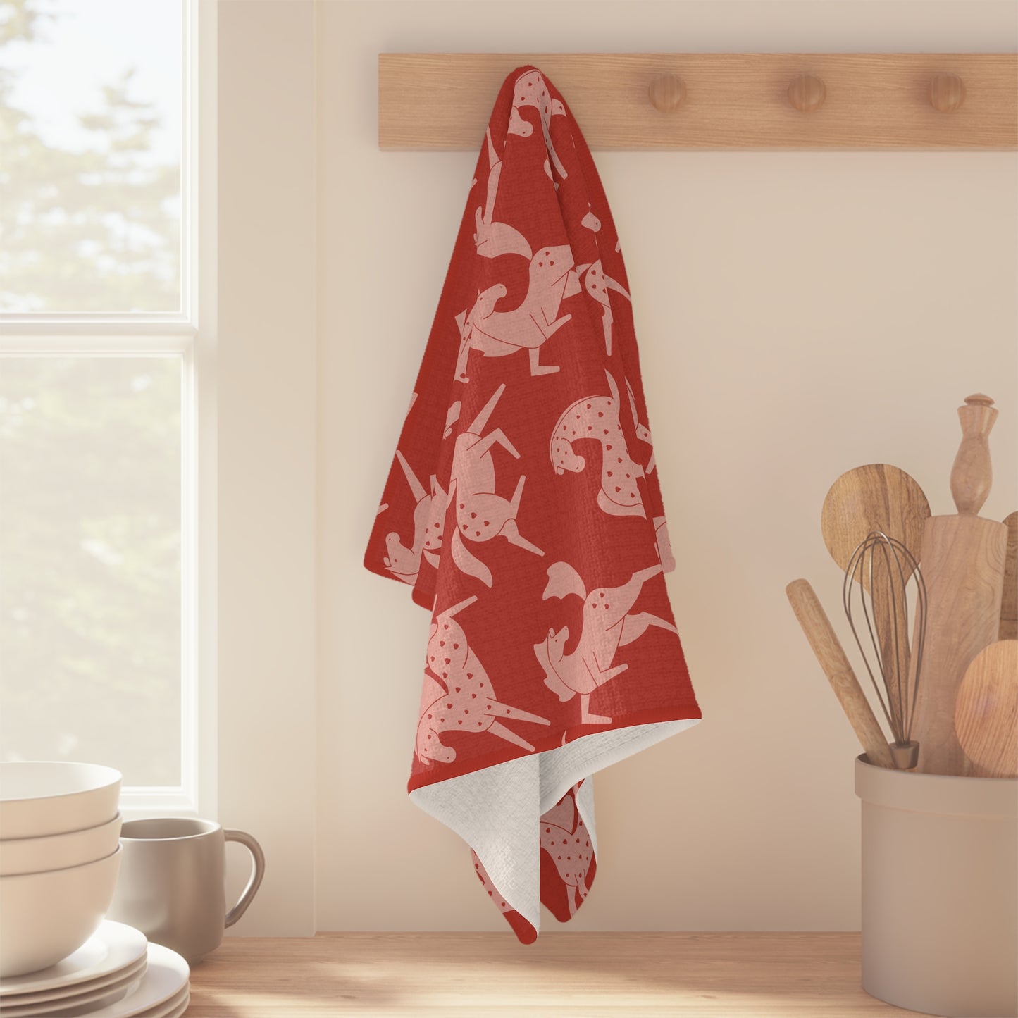 Pink Sweetheart Appaloosas on Red Microfiber Tea Towel