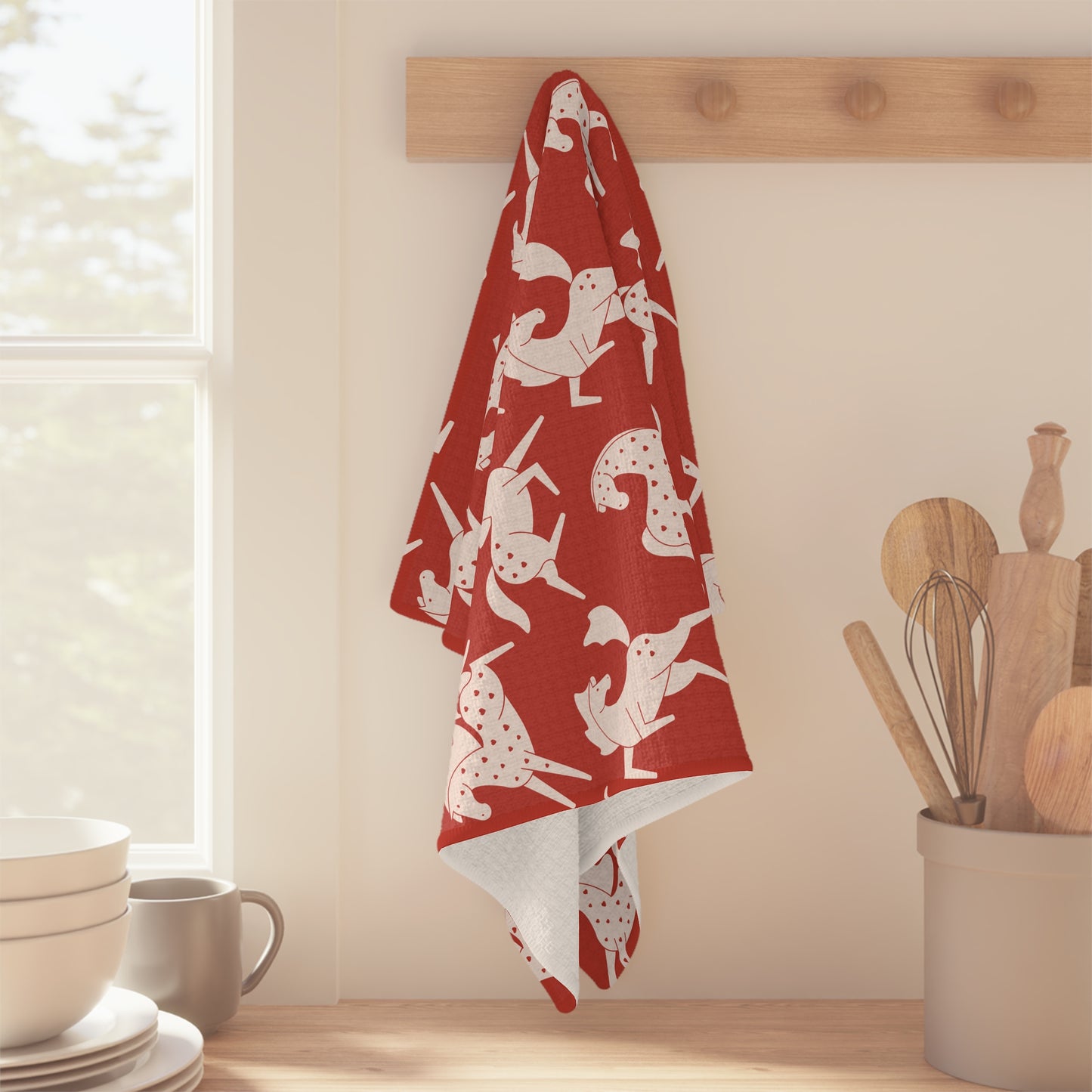 White Sweetheart Appaloosas on Red Microfiber Tea Towel