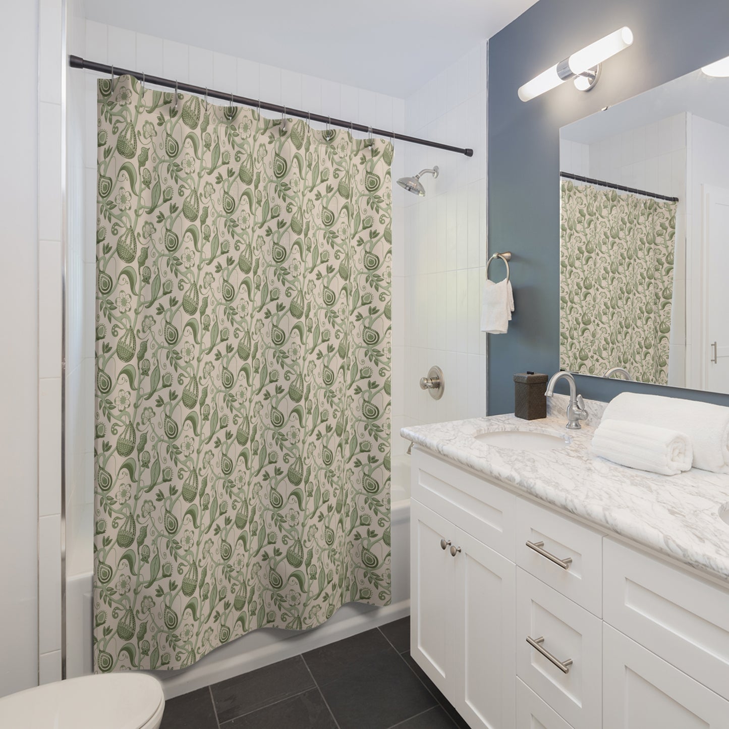 Indian Floral Pear Sage Green Shower Curtain