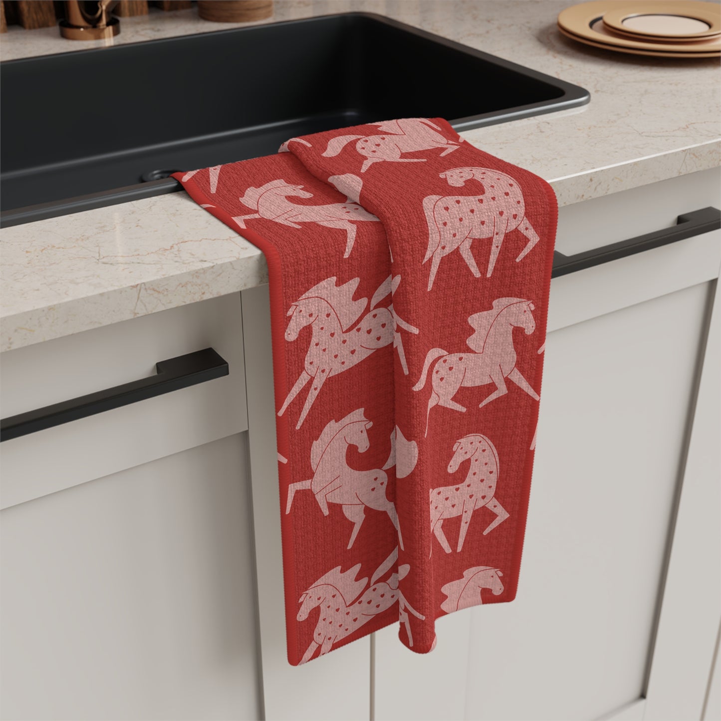 Pink Sweetheart Appaloosas on Red Microfiber Tea Towel