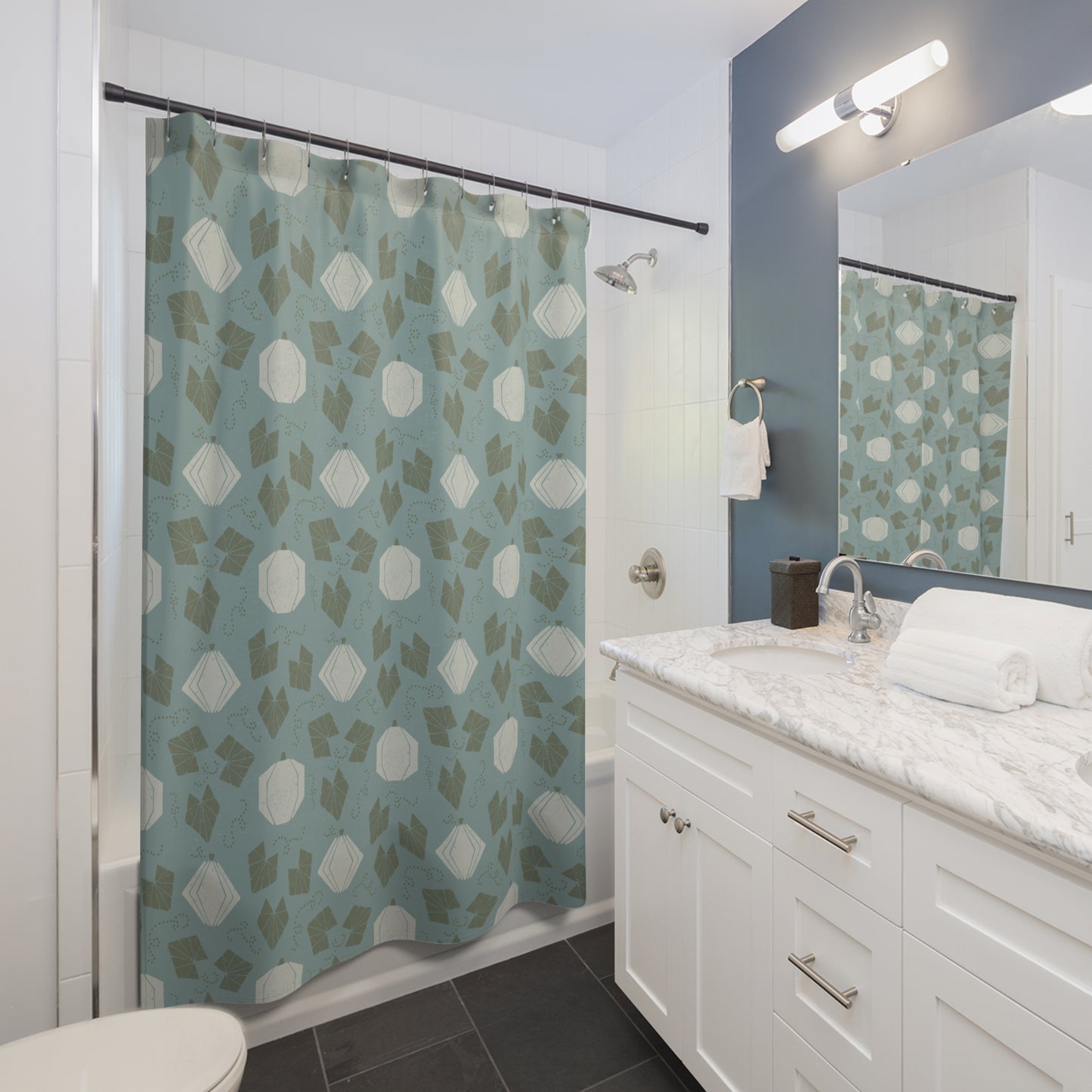 Boho Geometric Pumpkin Patch Blue Shower Curtain