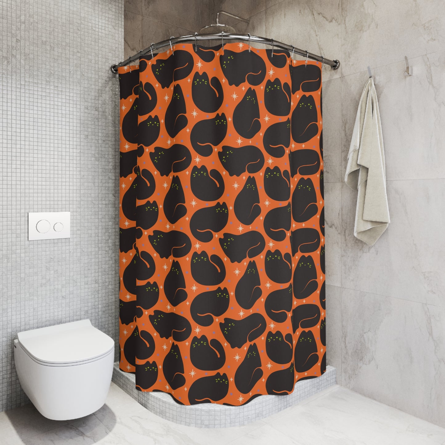 Retro Black Cats Halloween Orange Shower Curtain