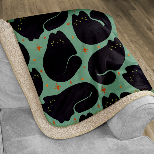 Aqua Retro Black Cat Sherpa Blanket