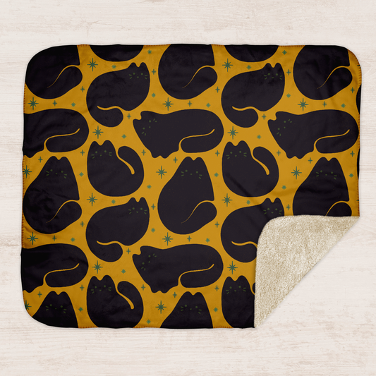 Mustard Retro Black Cat Sherpa Blanket