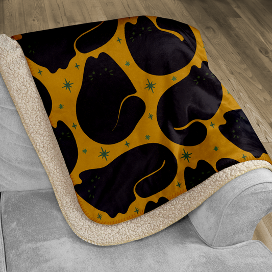 Mustard Retro Black Cat Sherpa Blanket