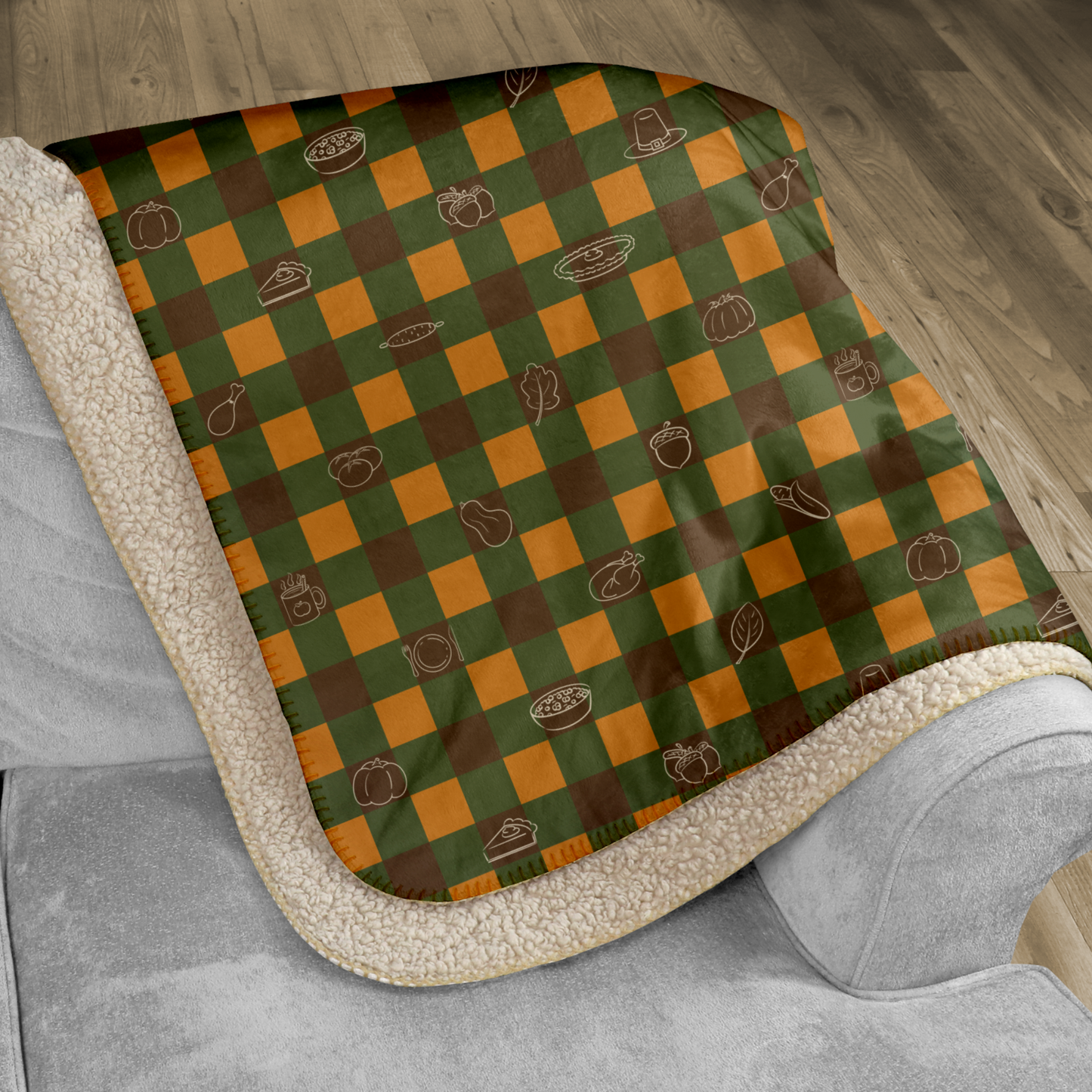 Festive Thanksgiving Gingham Sherpa Blanket