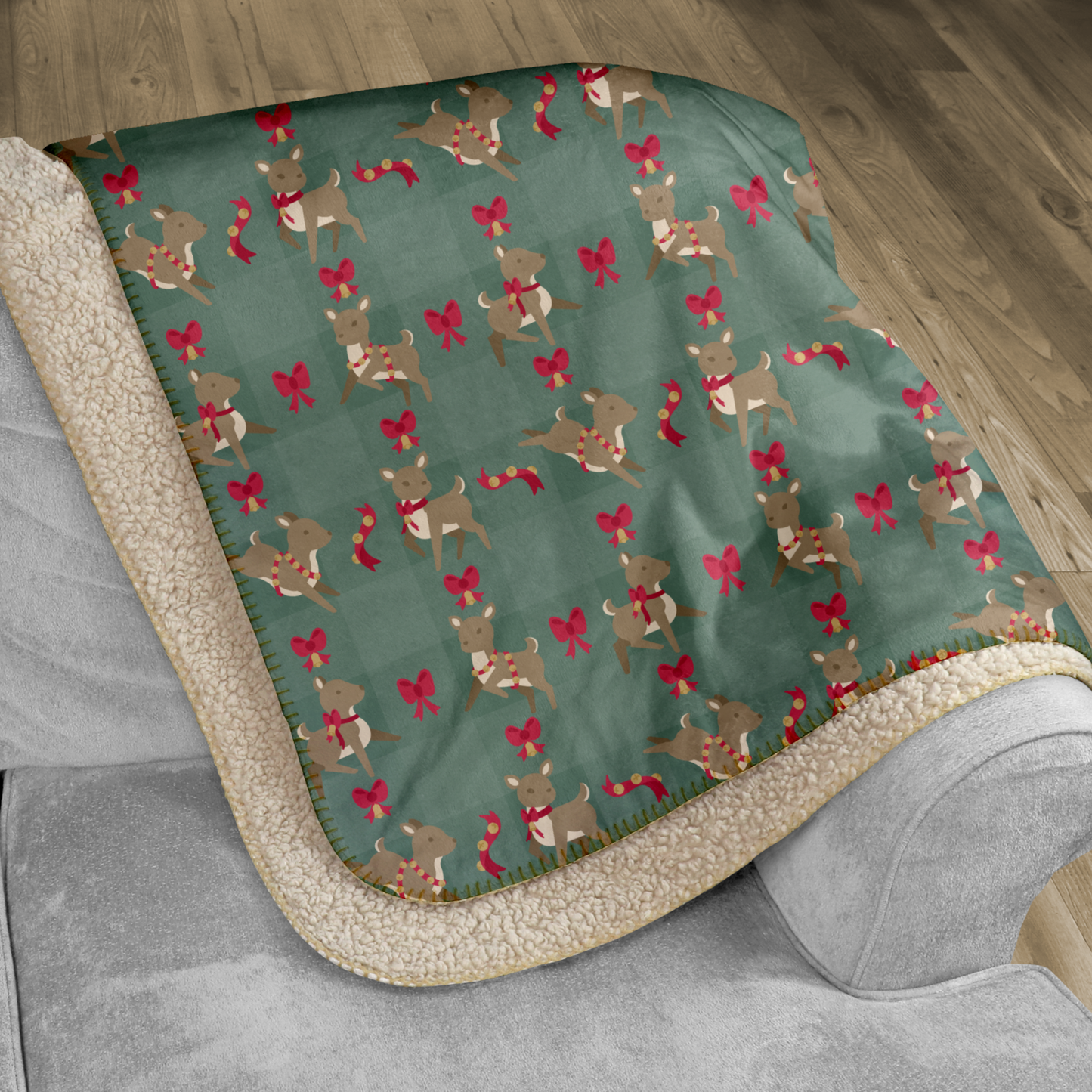 Deer with Bells and Bows Sage Sherpa Blanket