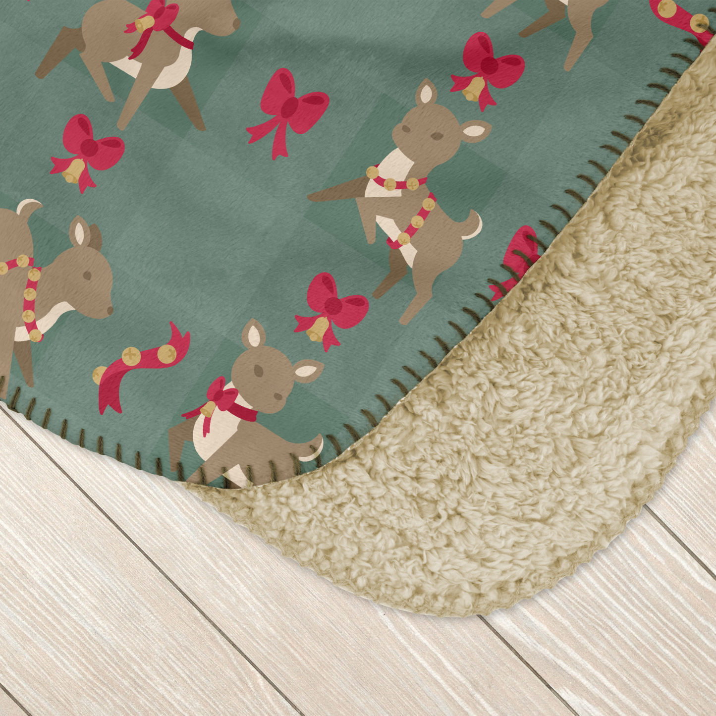 Deer with Bells and Bows Sage Sherpa Blanket