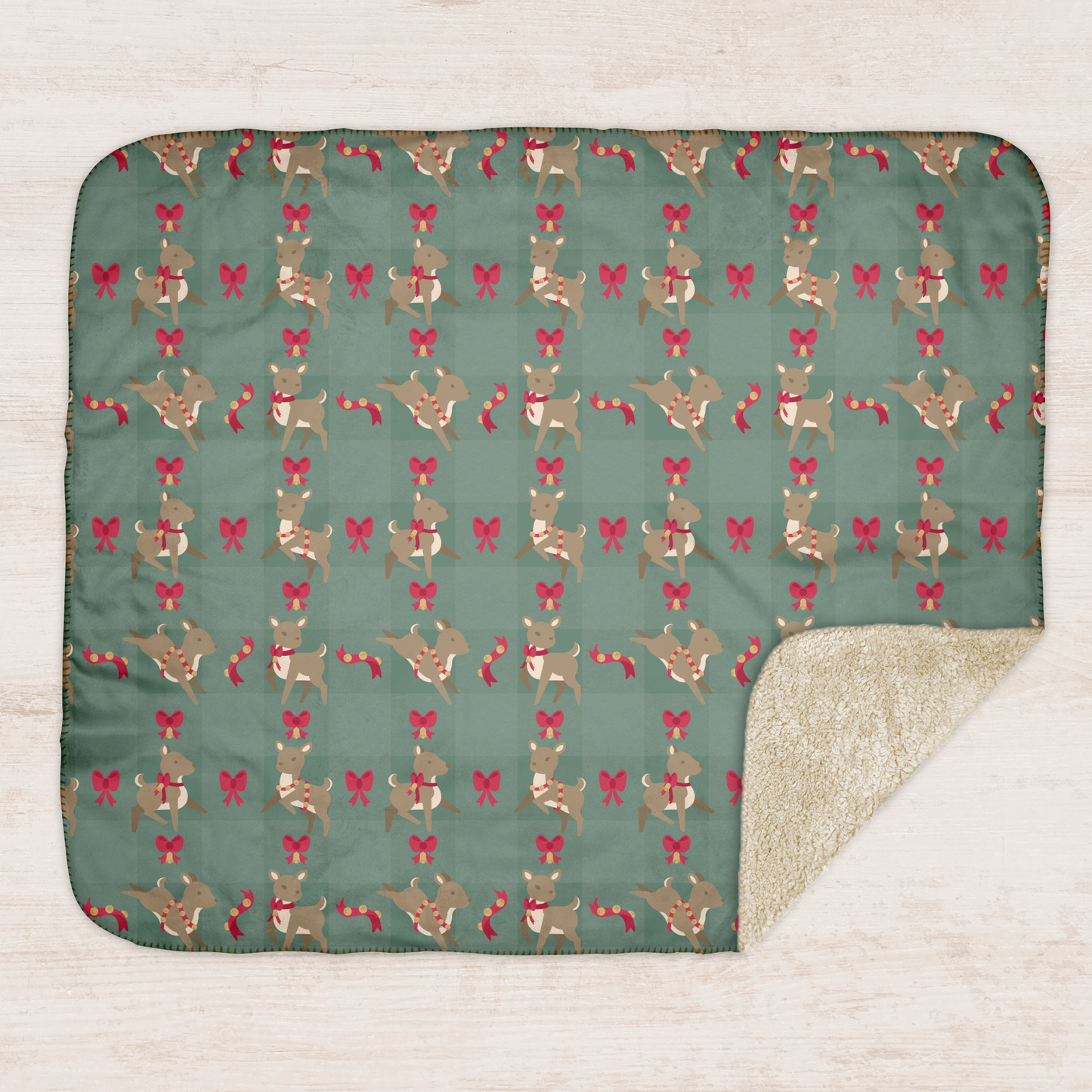 Deer with Bells and Bows Sage Sherpa Blanket