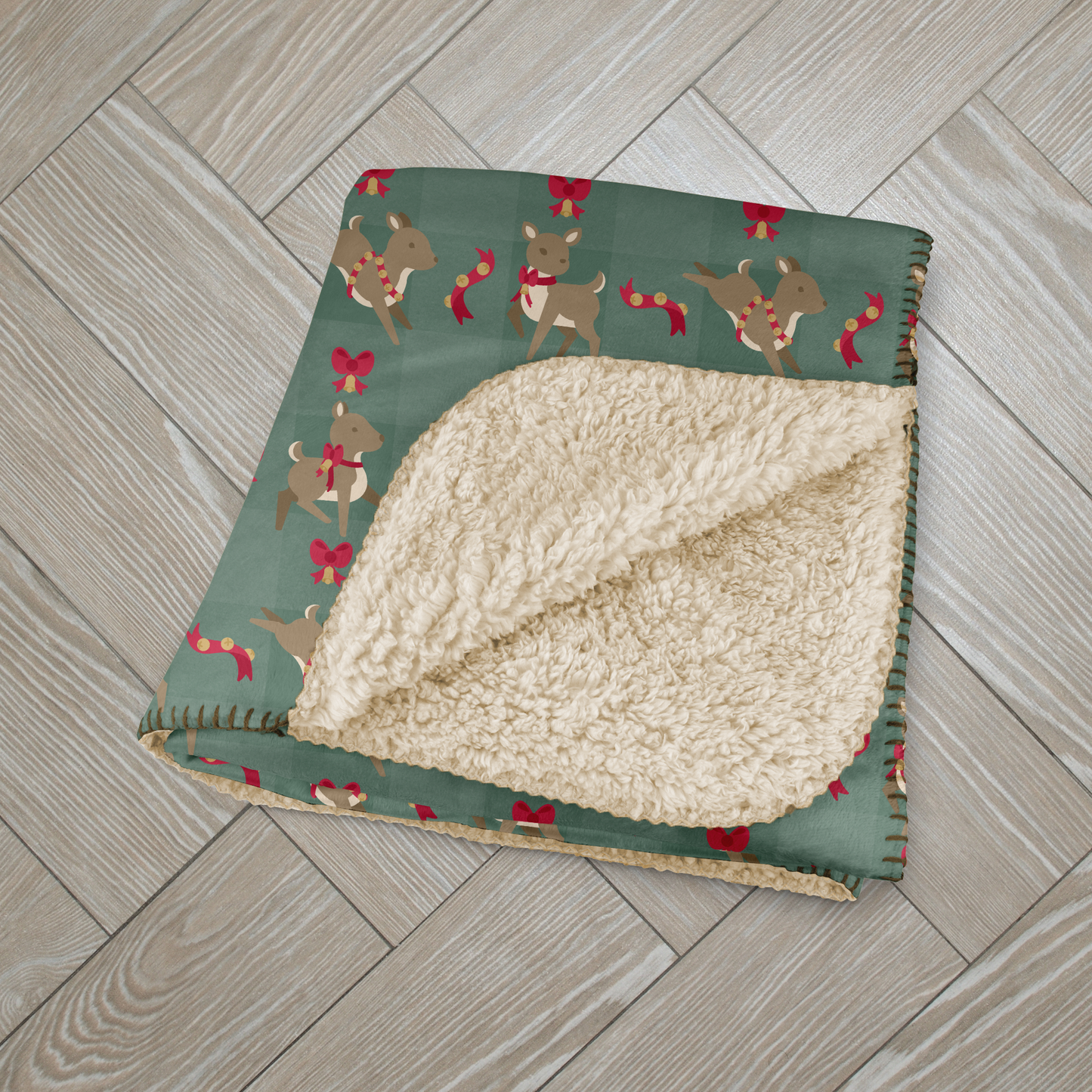 Deer with Bells and Bows Sage Sherpa Blanket
