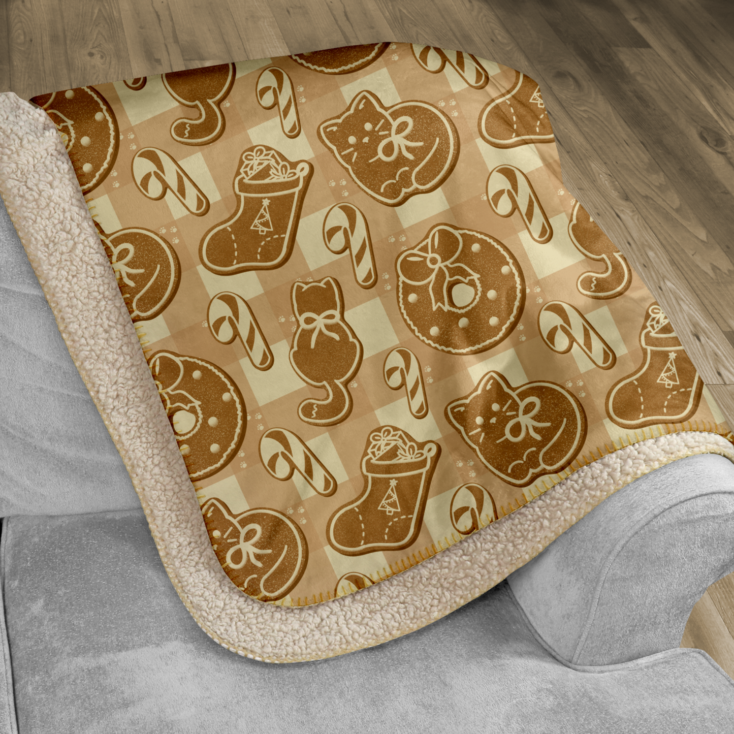 Gingerbread Cats Beige Sherpa Blanket