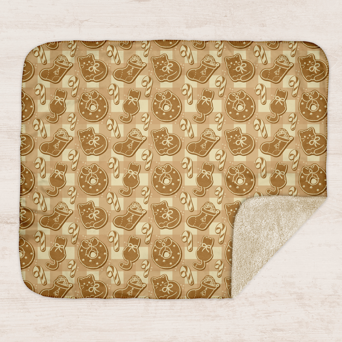 Gingerbread Cats Beige Sherpa Blanket