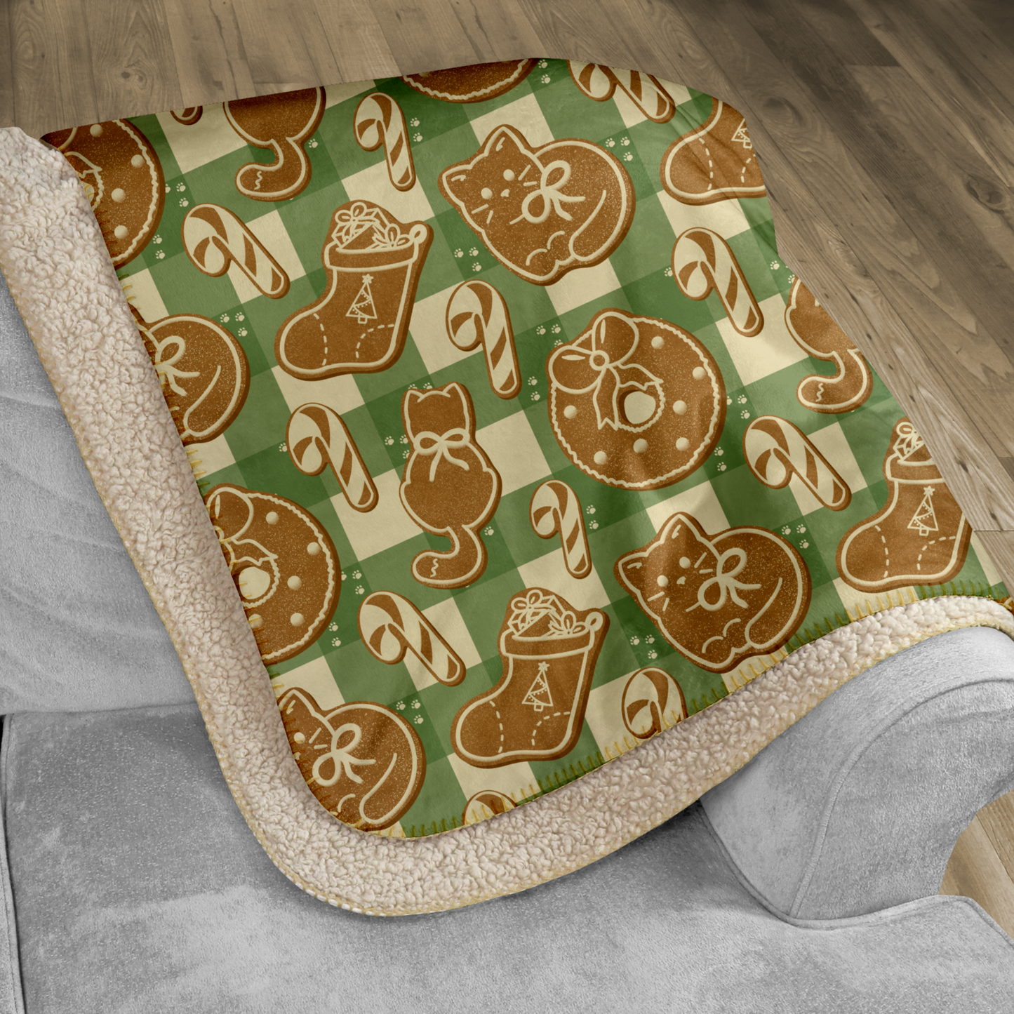 Gingerbread Cats Green Sherpa Blanket