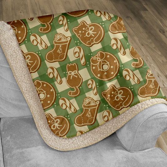 Gingerbread Cats Green Sherpa Blanket