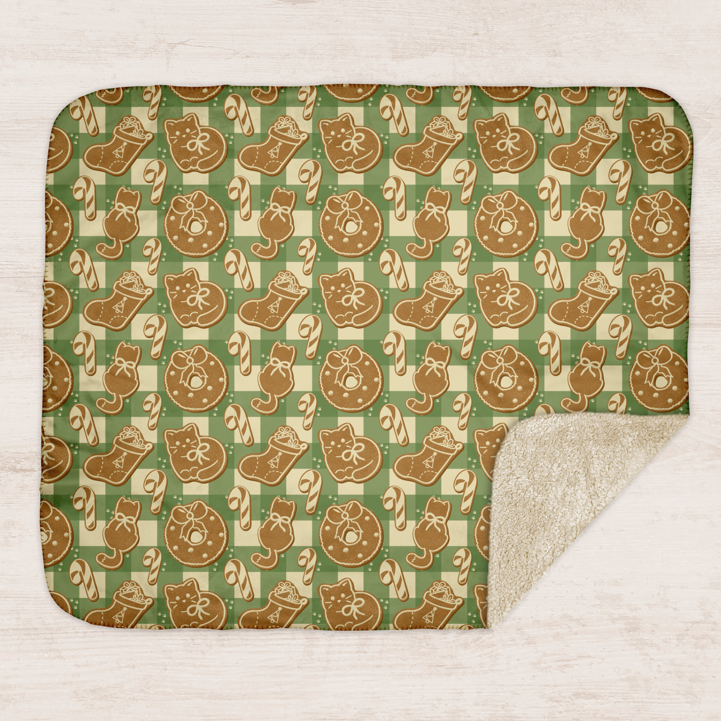 Gingerbread Cats Green Sherpa Blanket