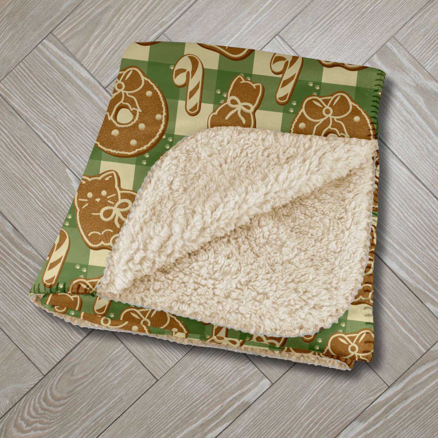 Gingerbread Cats Green Sherpa Blanket
