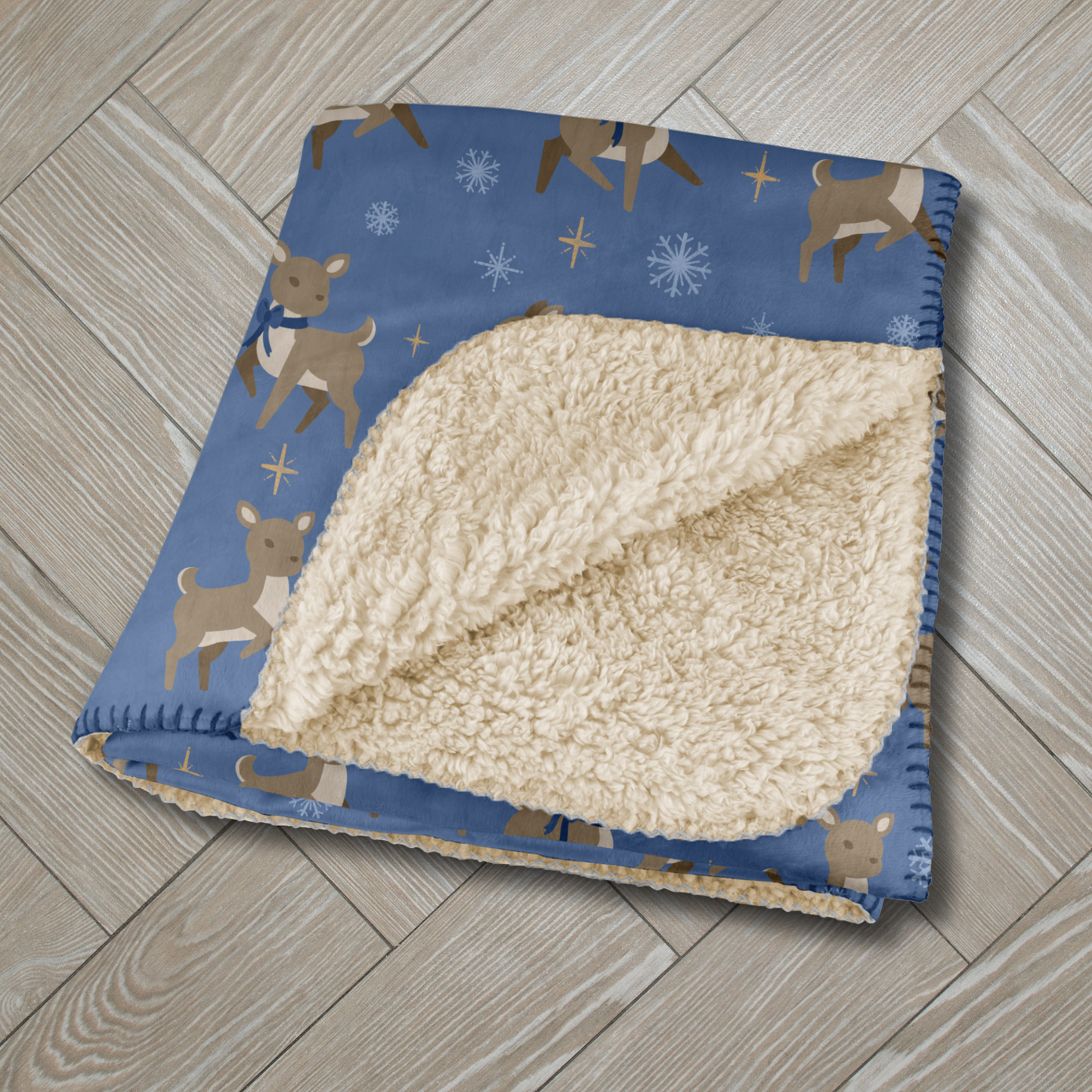 Kawaii Deer with Snowflakes & Stars Sherpa Blanket