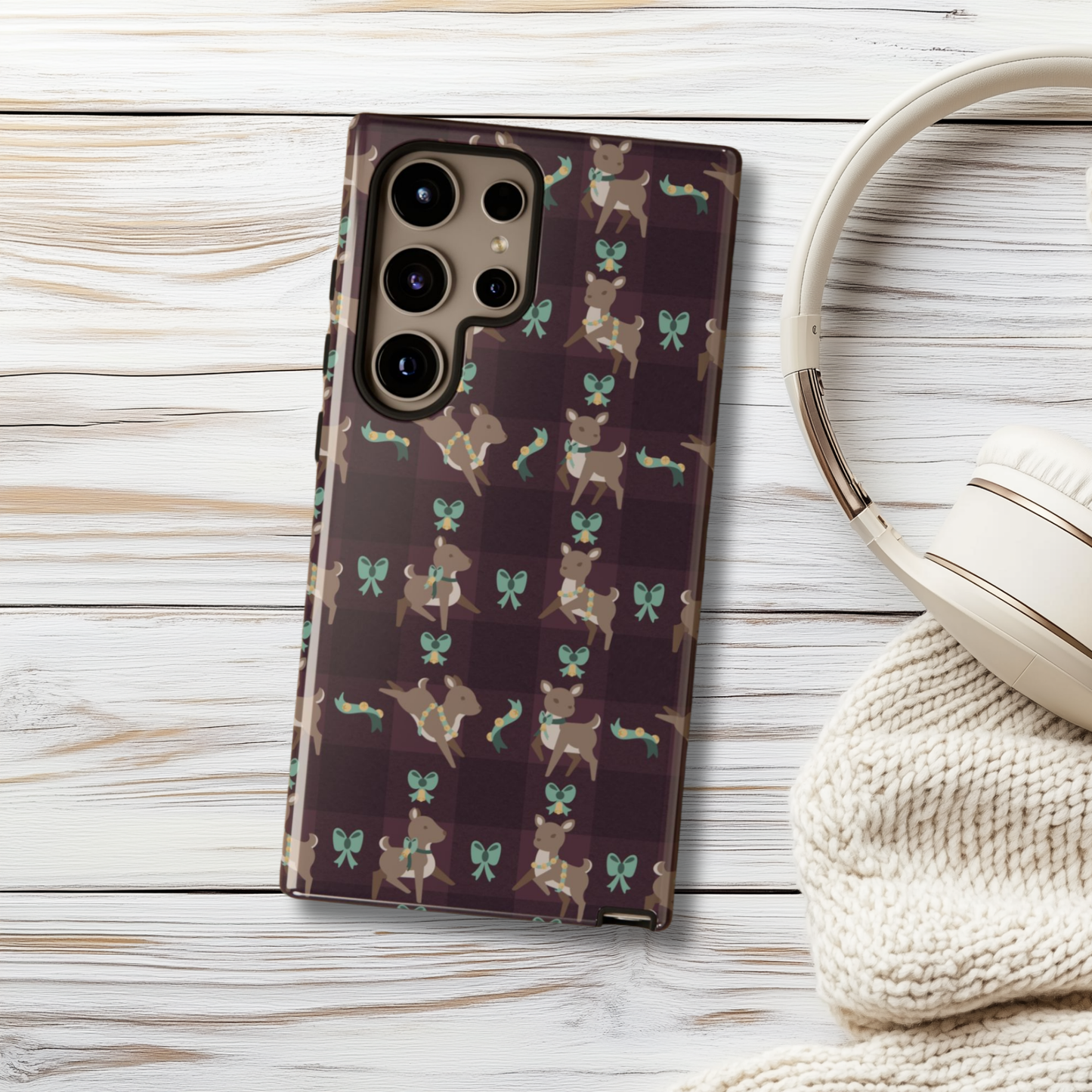 Kawaii Deer Bells & Bows in Plum iPhone & Samsung Galaxy Phone Case