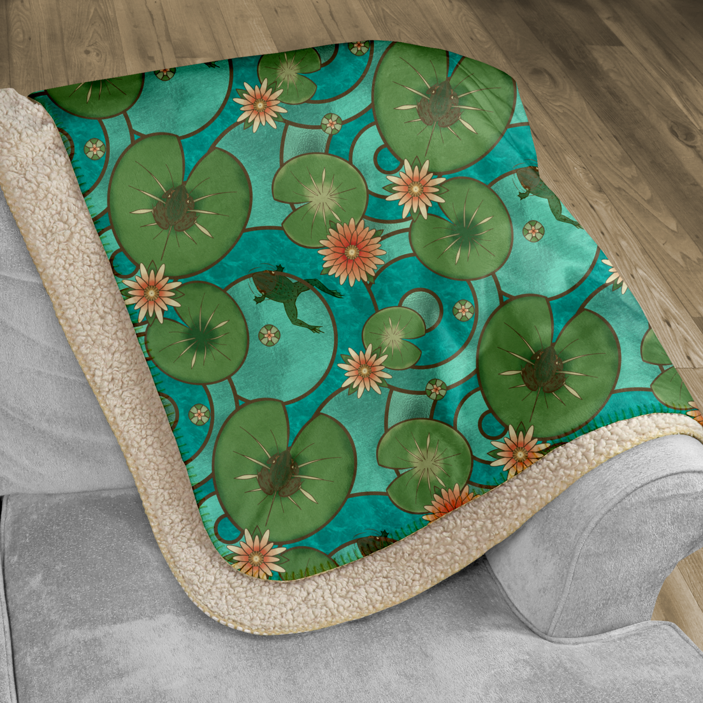 Stained Glass Frog & Water Lilies Sherpa Blanket