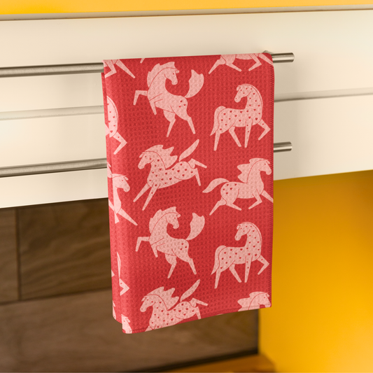 Pink Sweetheart Appaloosas on Red Microfiber Tea Towel