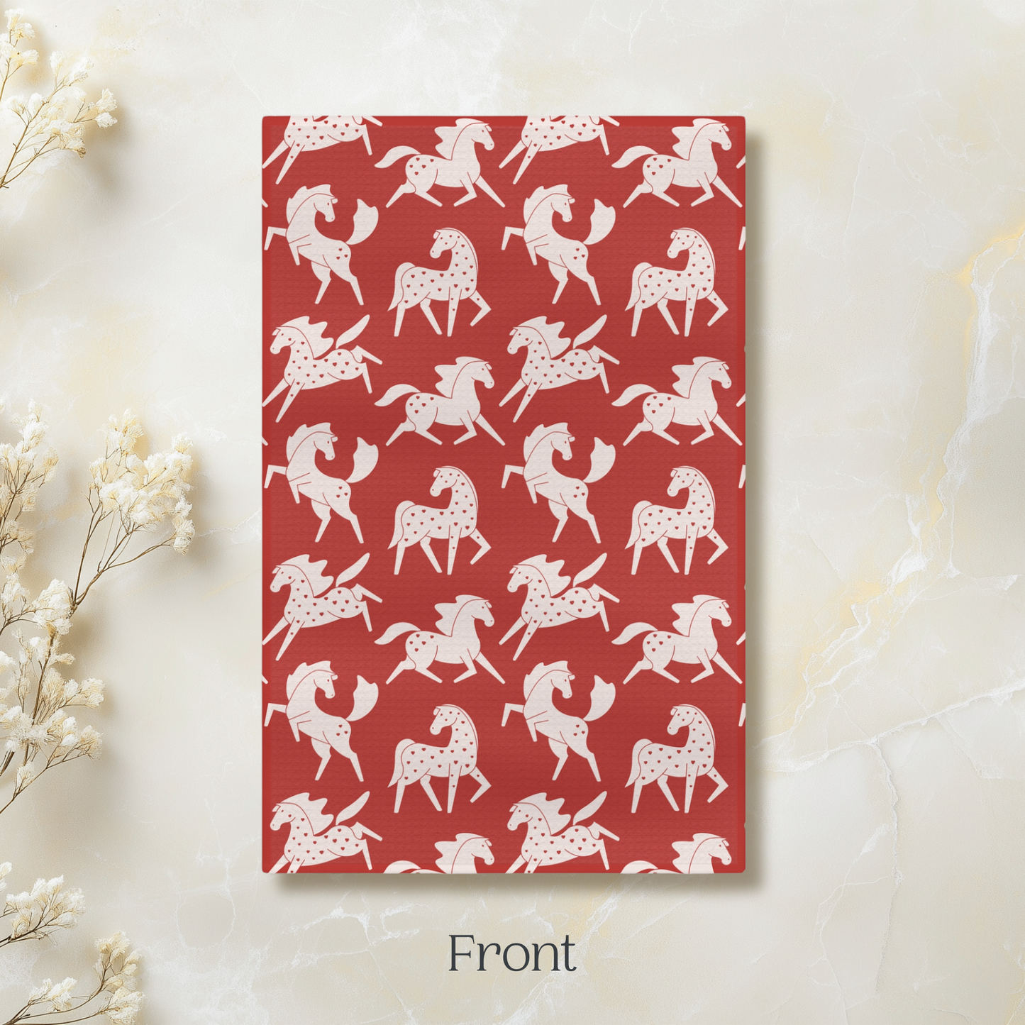 White Sweetheart Appaloosas on Red Microfiber Tea Towel