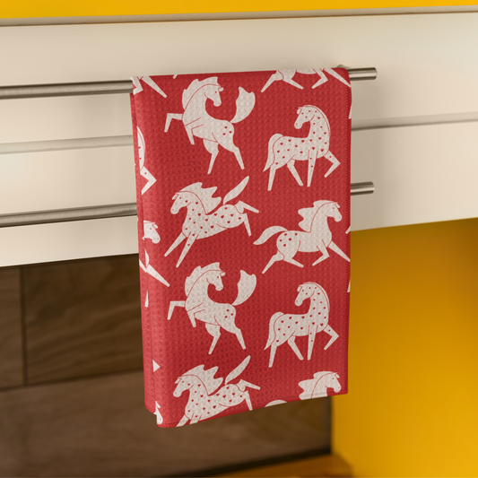 White Sweetheart Appaloosas on Red Microfiber Tea Towel