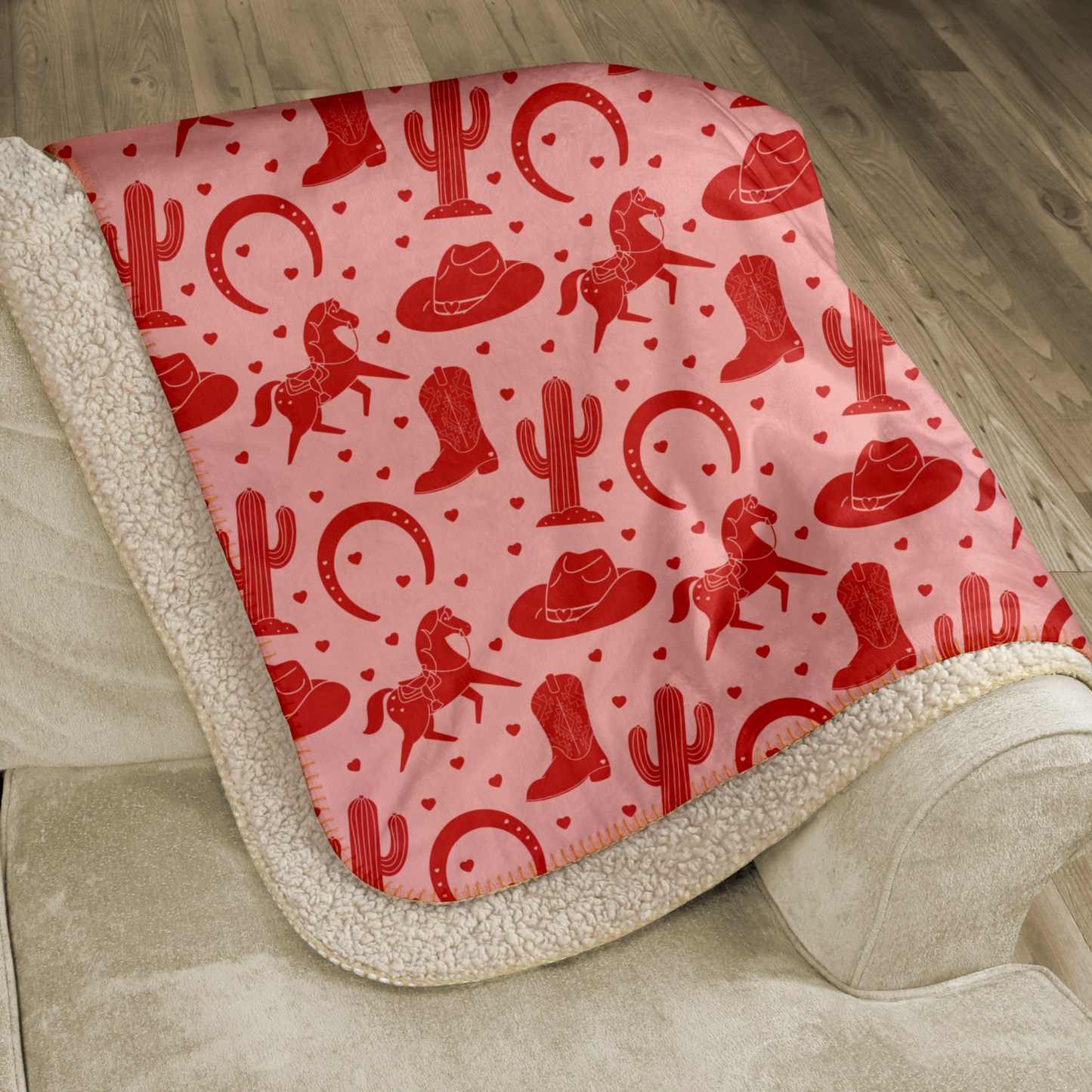Red Western Valentine Pink Sherpa Blanket