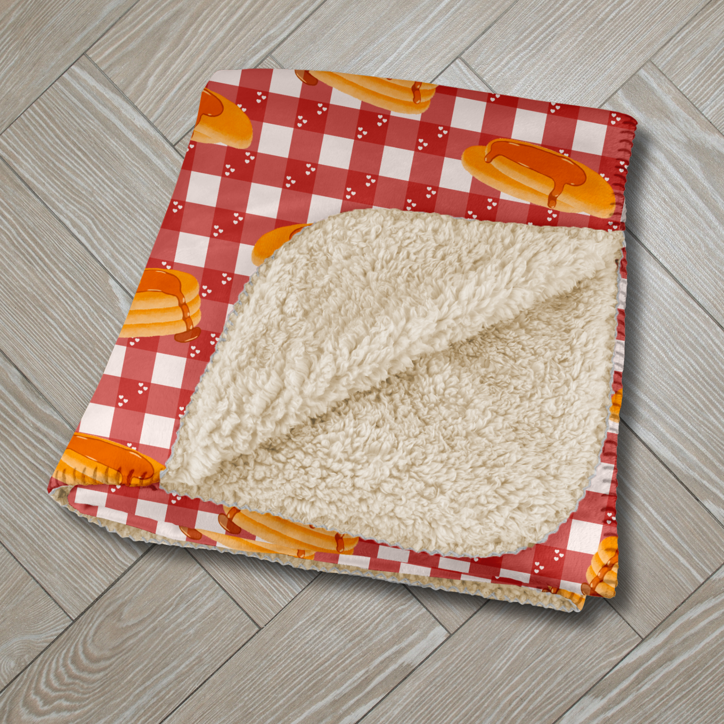 Pancakes on White Heart Gingham Sherpa Blanket
