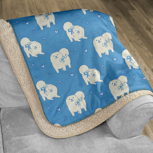 Samoyed Blue Hearts Sherpa Blanket