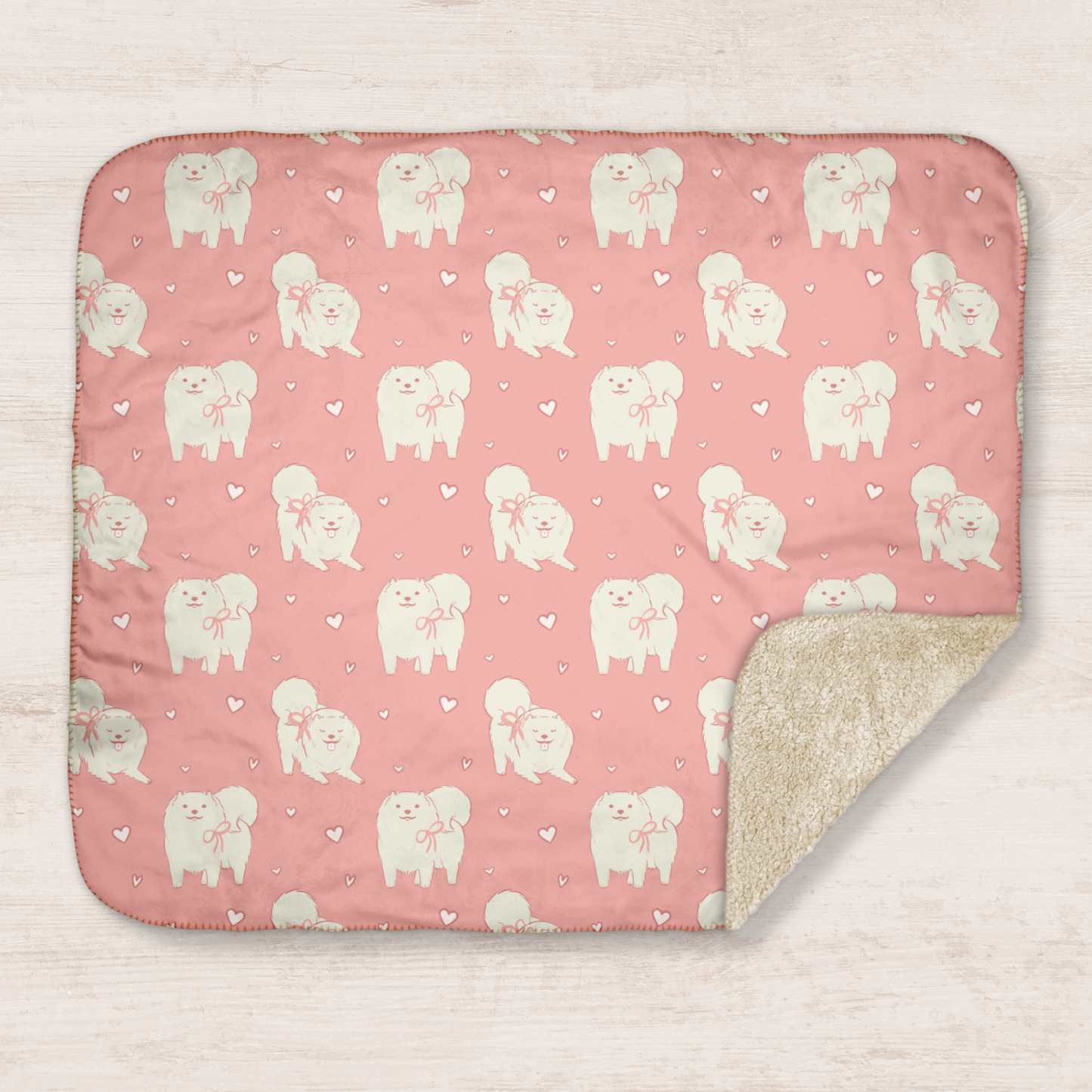 Samoyed Pink Hearts Sherpa Blanket