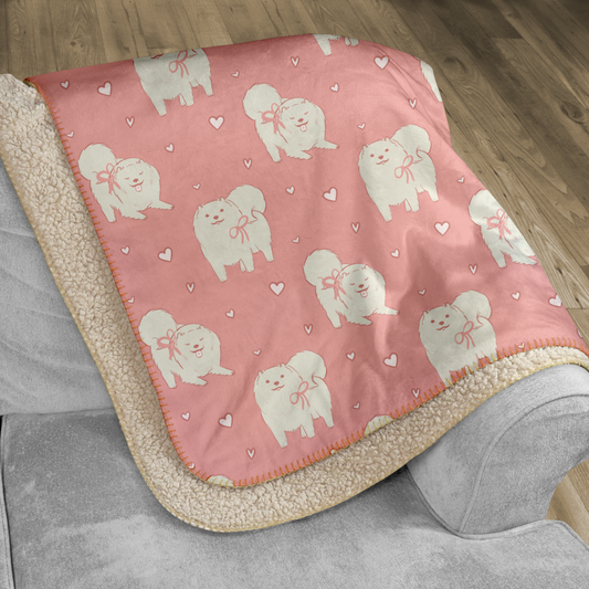 Samoyed Pink Hearts Sherpa Blanket