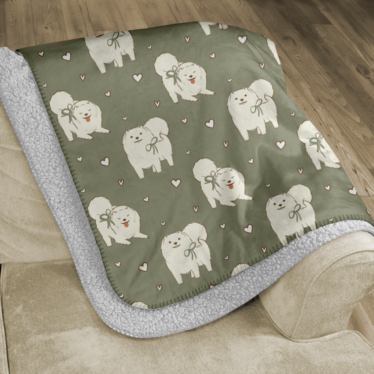 Samoyed Green Tea Hearts Sherpa Blanket