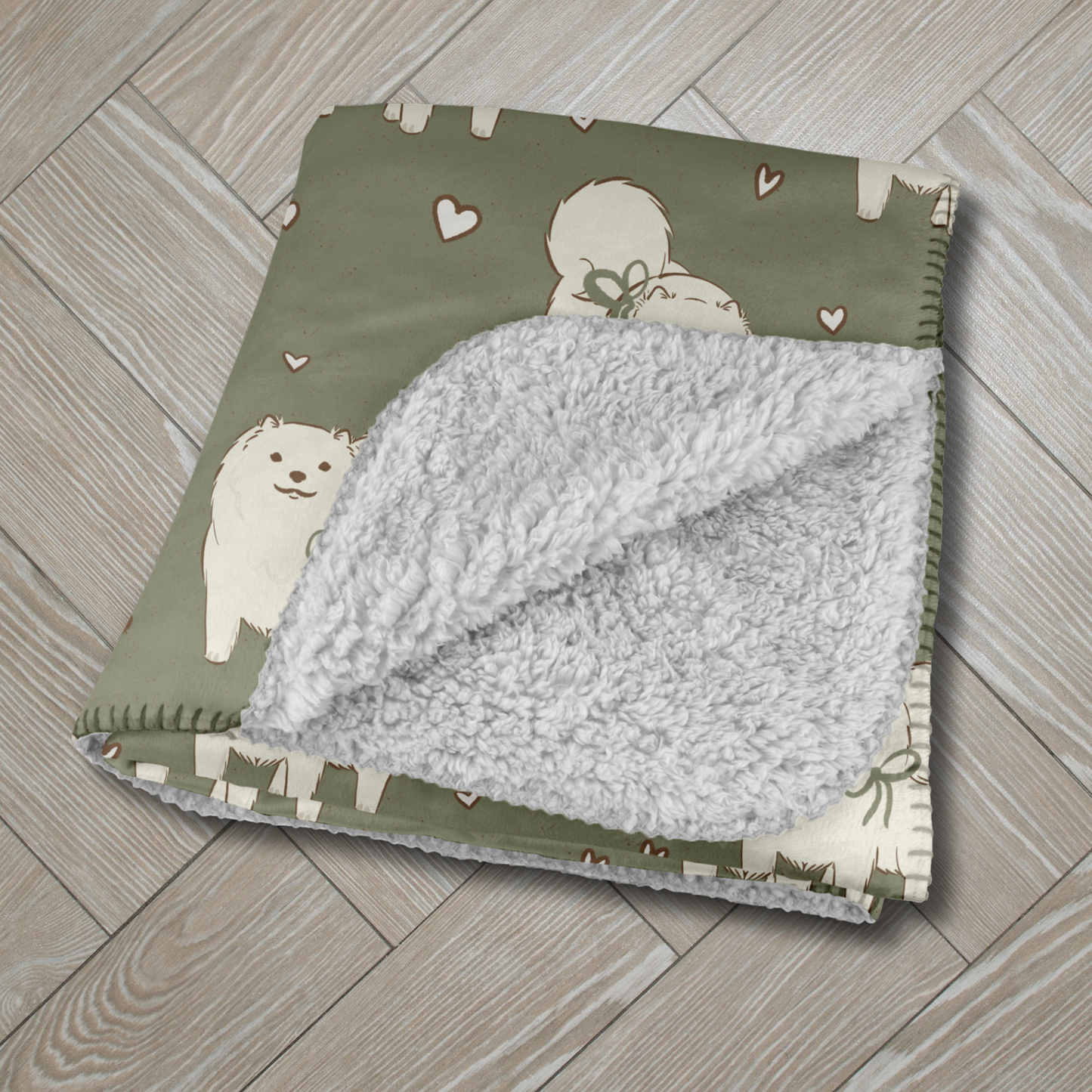 Samoyed Green Tea Hearts Sherpa Blanket