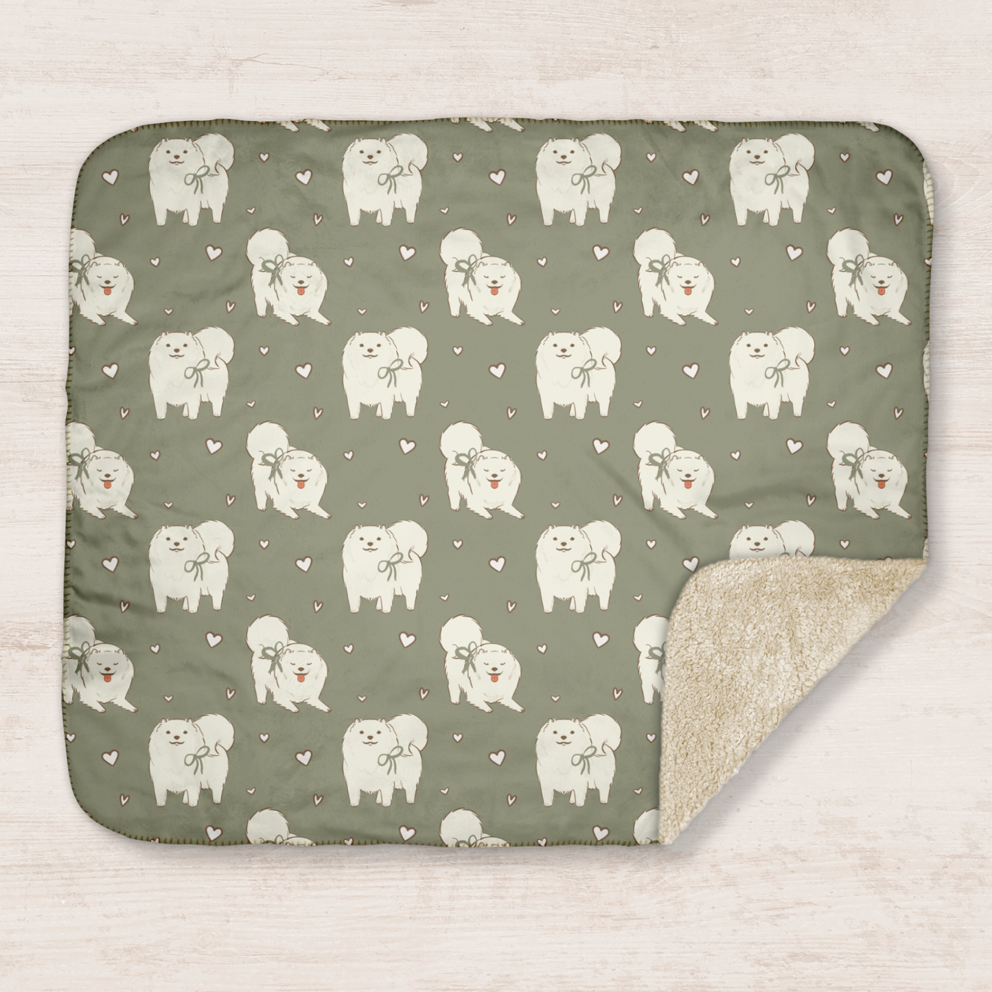 Samoyed Green Tea Hearts Sherpa Blanket