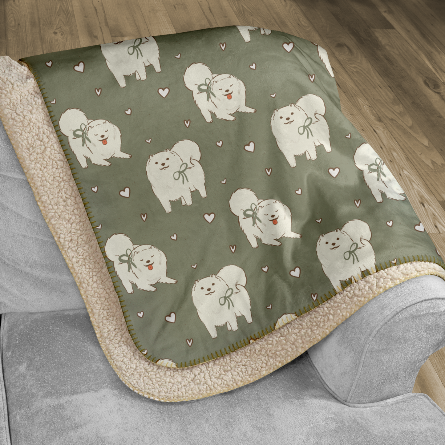 Samoyed Green Tea Hearts Sherpa Blanket