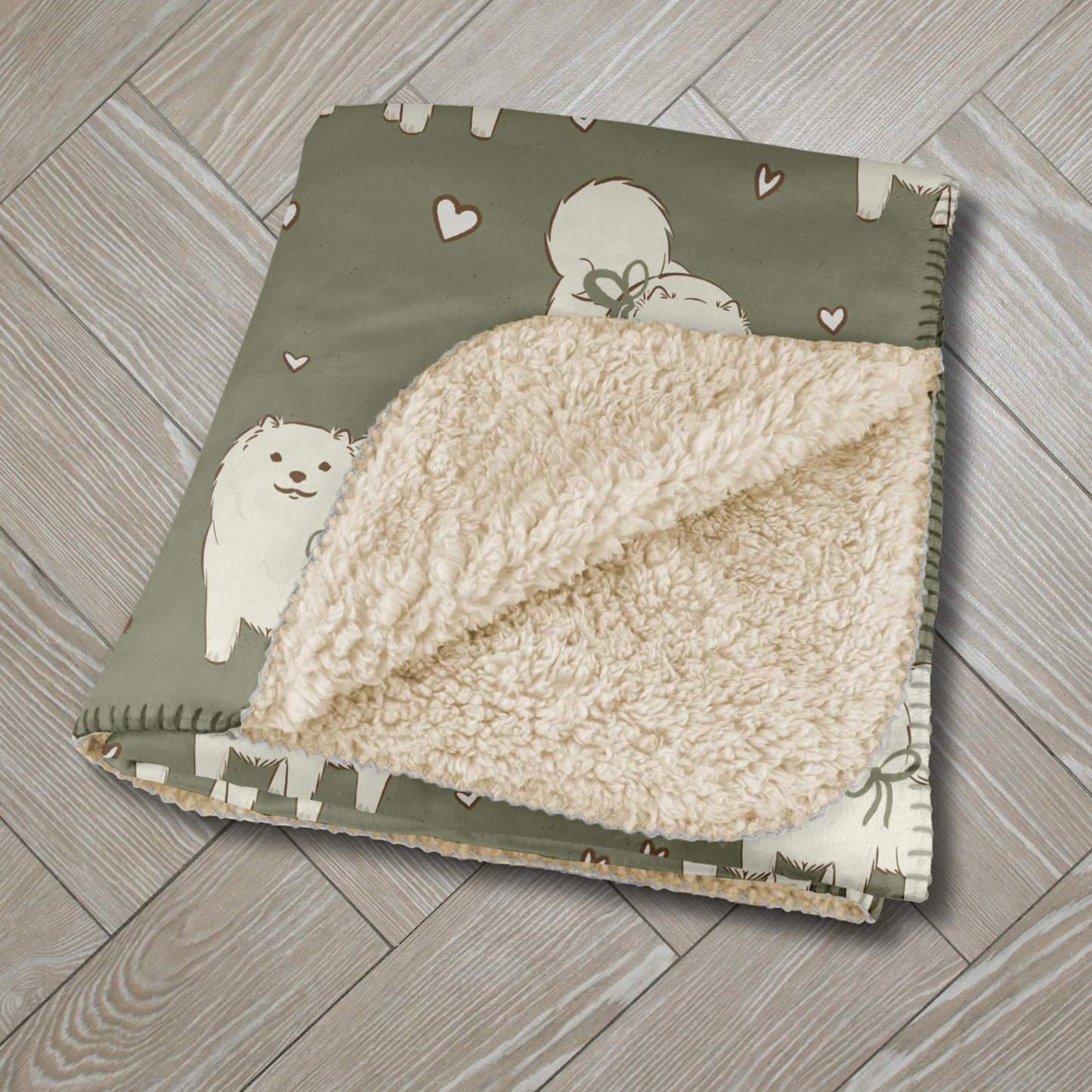 Samoyed Green Tea Hearts Sherpa Blanket