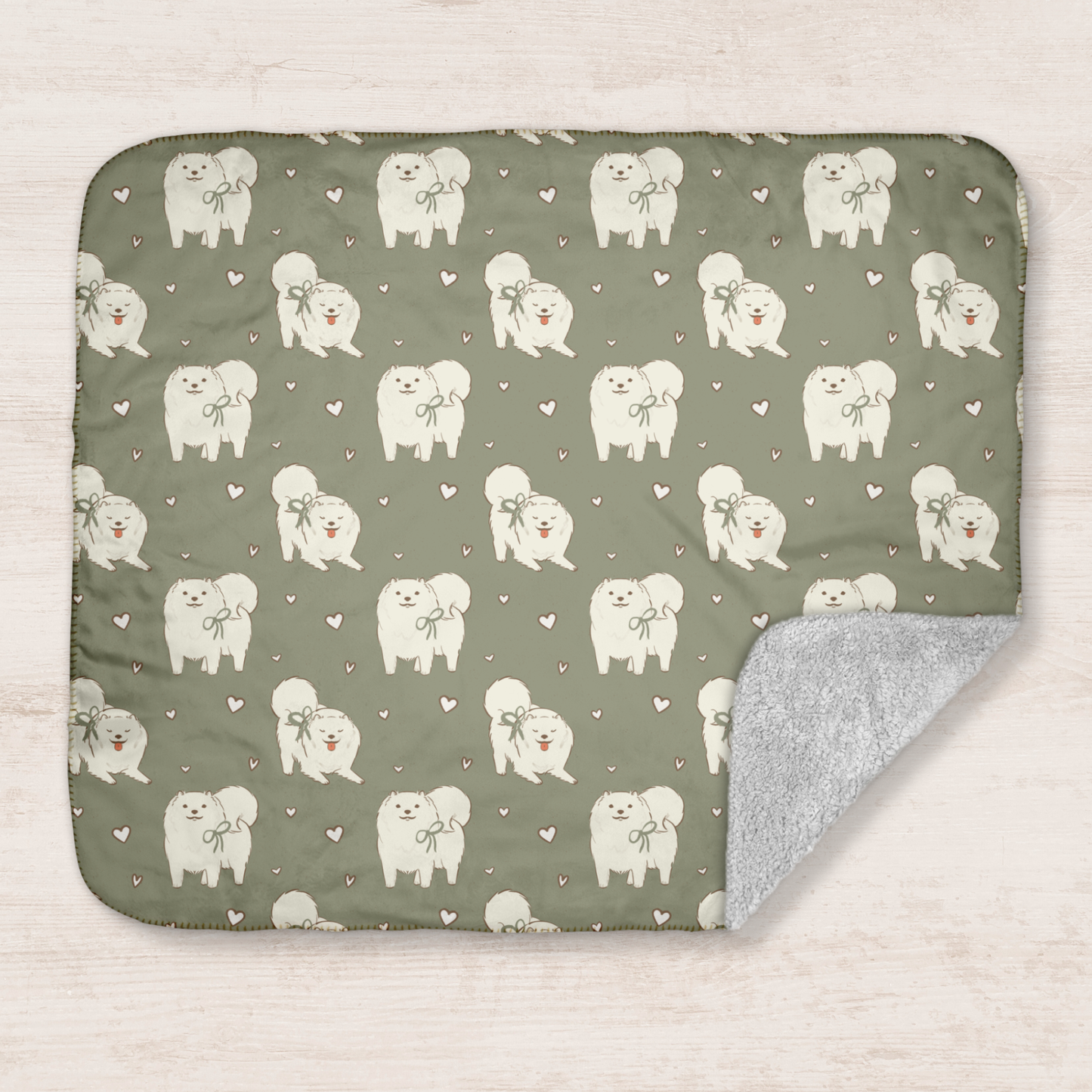 Samoyed Green Tea Hearts Sherpa Blanket