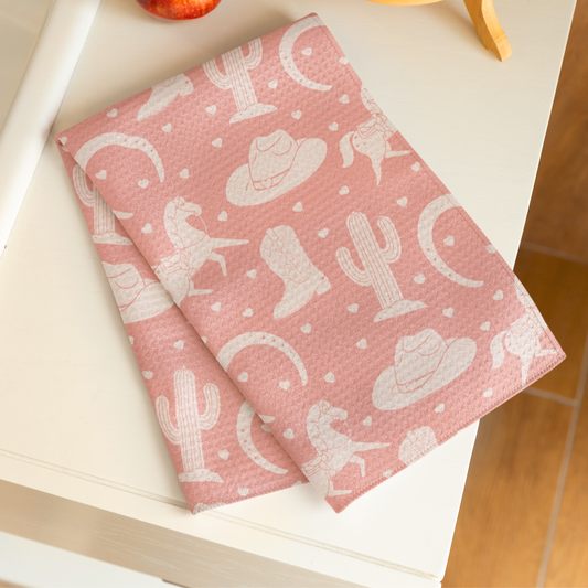 White Western Valentine Pink Microfiber Tea Towel