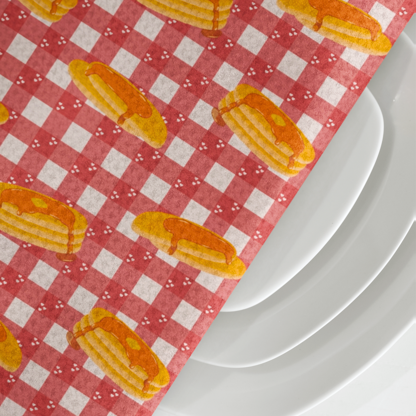 Pancakes on White Heart Gingham Microfiber Tea Towel