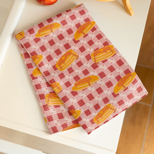 Pancakes on Red Heart Gingham Microfiber Tea Towel