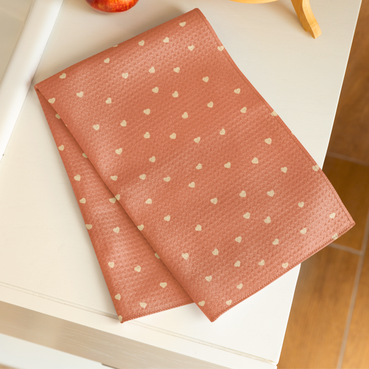 Apricot Petite Hearts Terracotta Microfiber Tea Towel