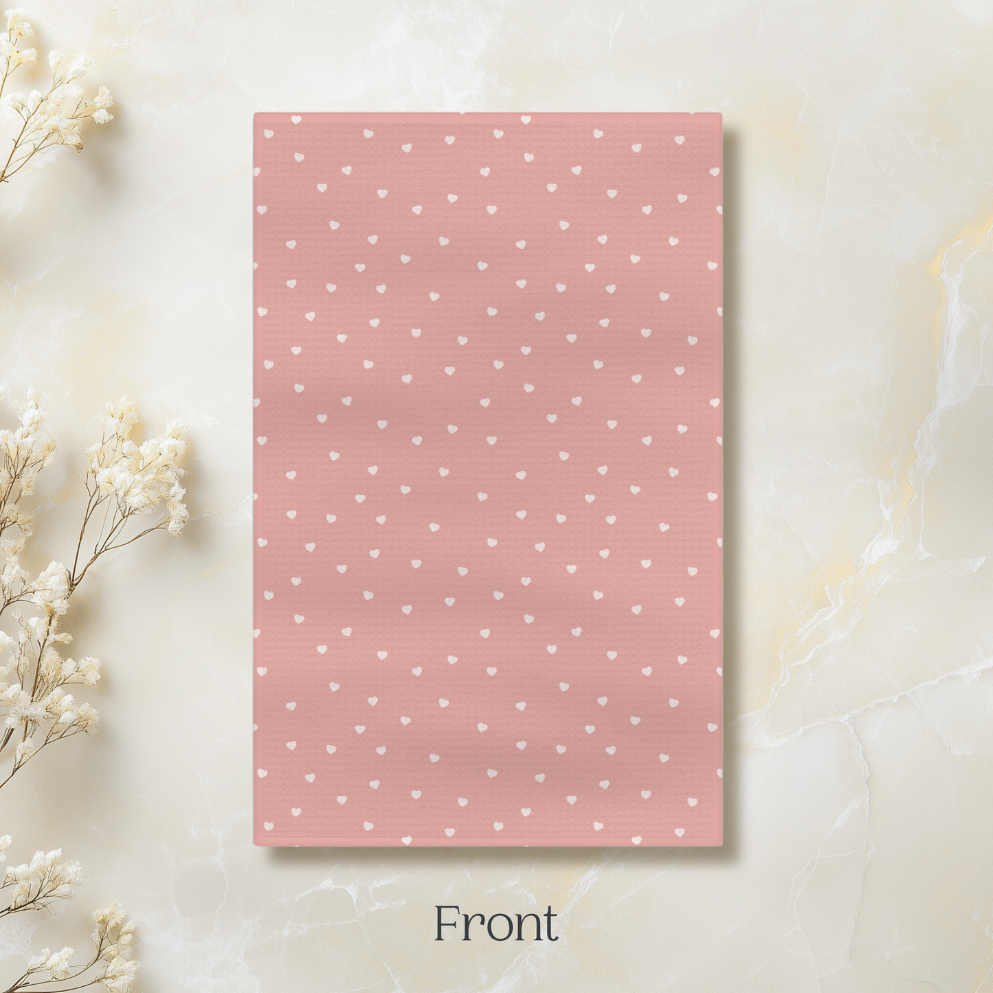 White Petite Hearts Pink Microfiber Tea Towel