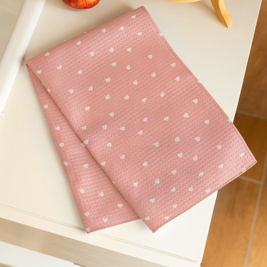 White Petite Hearts Pink Microfiber Tea Towel